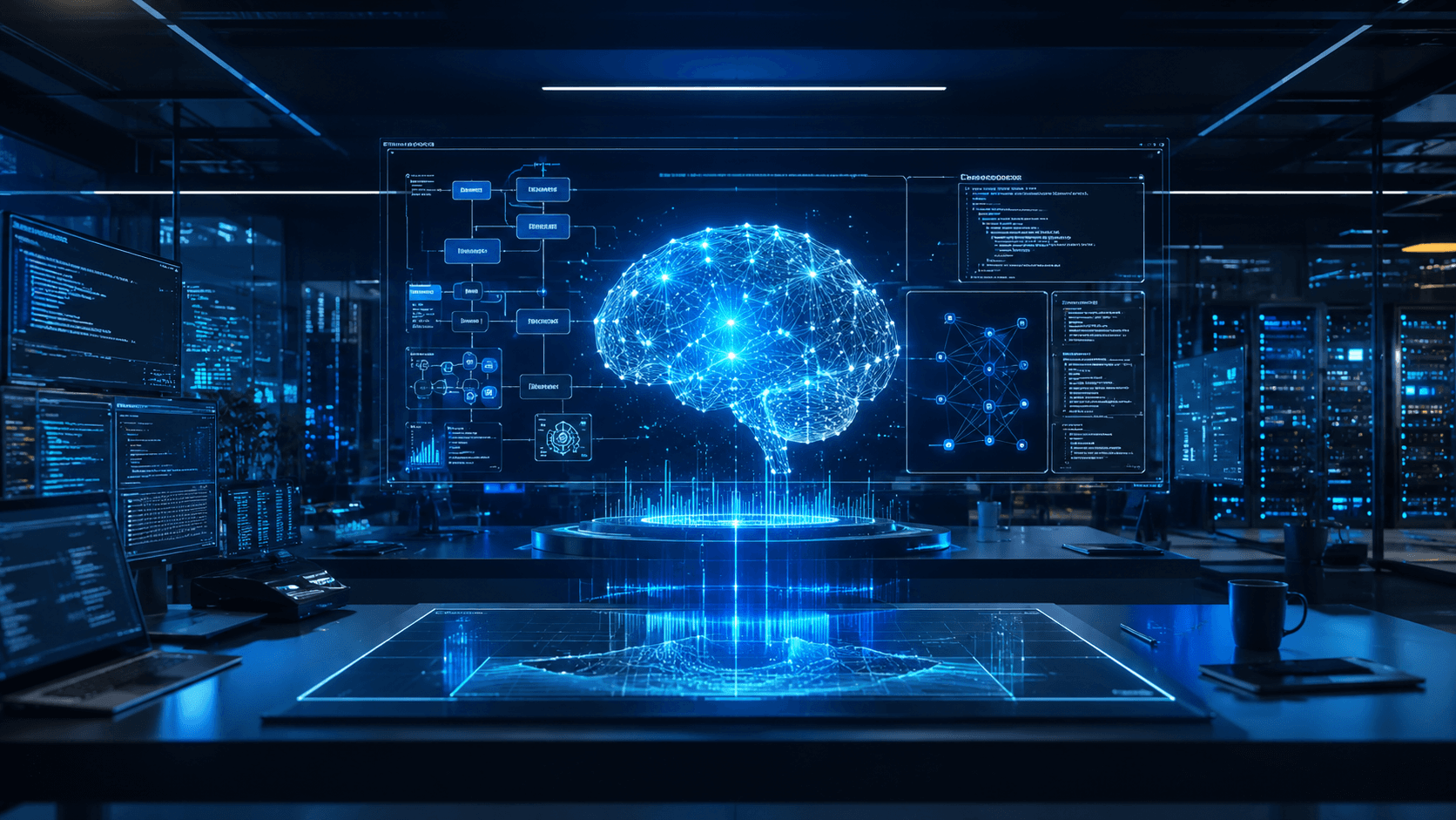 Laboratório digital com cérebro neural representando inteligência artificial aplicada à engenharia