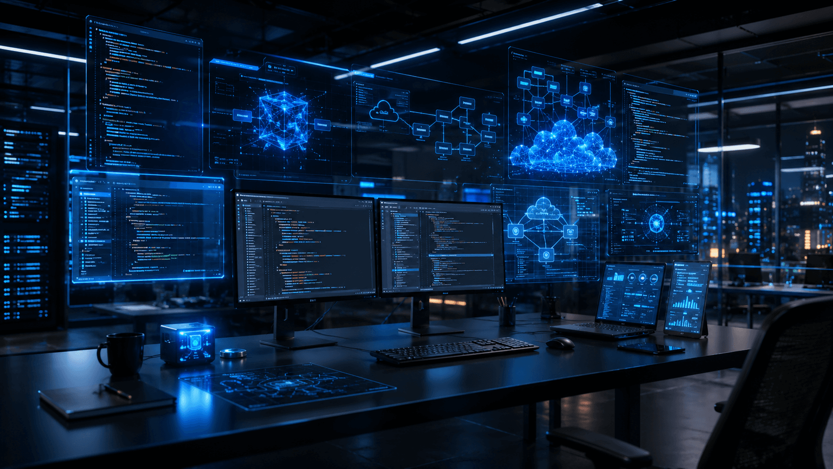 Estação de trabalho com painéis de código, arquitetura em nuvem e automação de software