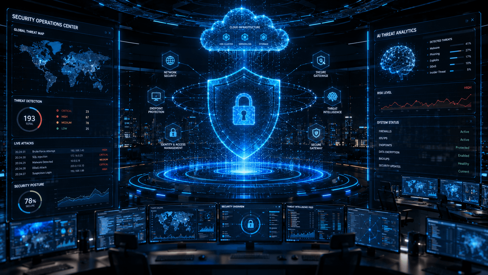 Central de operações de segurança com painéis de risco e inteligência artificial corporativa