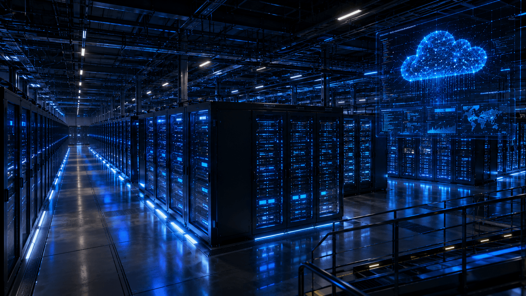 Datacenter moderno com infraestrutura em nuvem e painéis digitais de monitoramento
